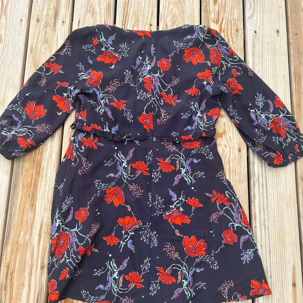MADEWELL Silk Ruffle-Waist Dress in Windblown Poppies 3/4 sleeve mini SZ 12 EUC - Picture 13 of 15
